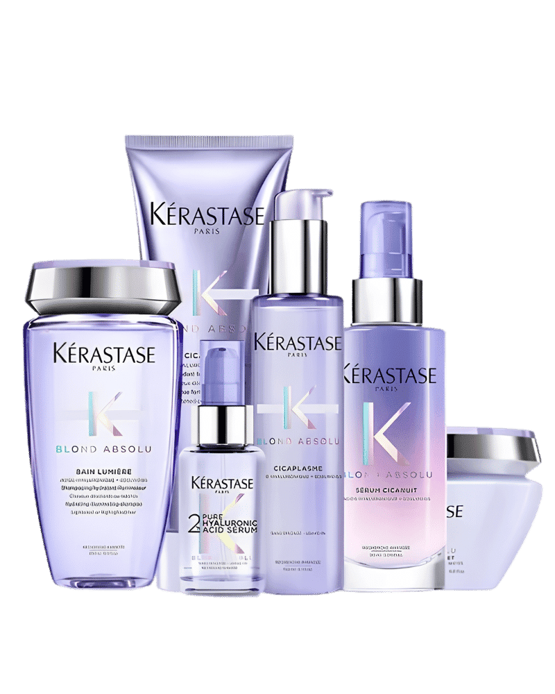 Kérastase Blond Absolu haircare products in sleek purple packaging.