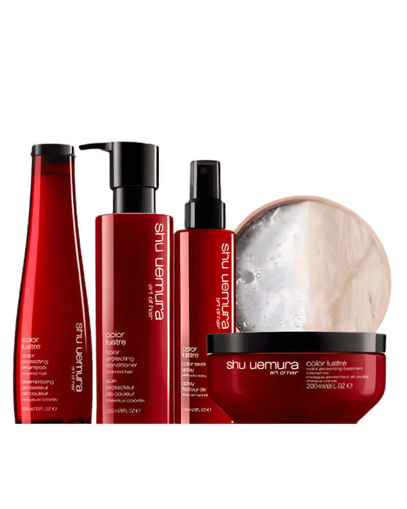 Shu Uemura hair care products featuring color lustre shampoo, conditioner, and mask.