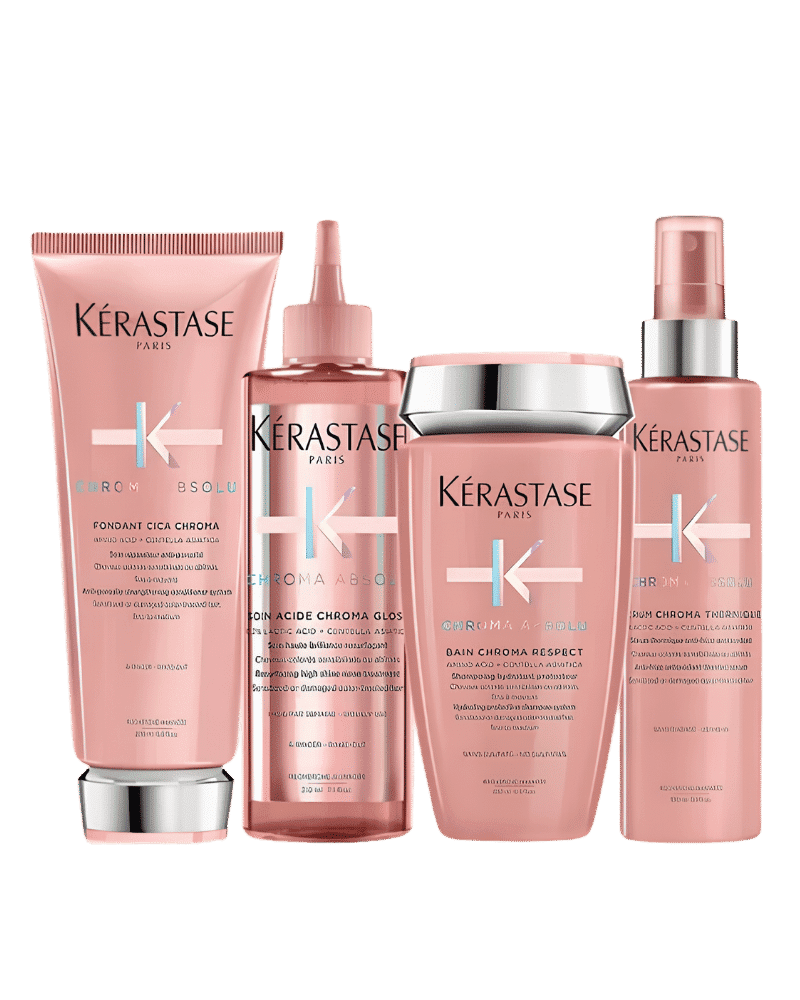 Kérastase Chroma Absolu hair care products lineup in pink packaging.