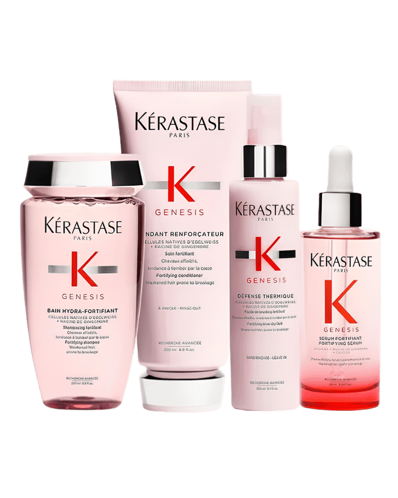Kérastase Genesis hair care products lineup, including shampoo and serums in pink packaging.