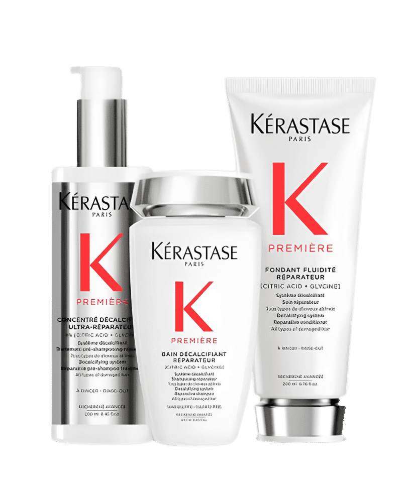 Kérastase Première hair care products: shampoo, conditioner, and treatment.