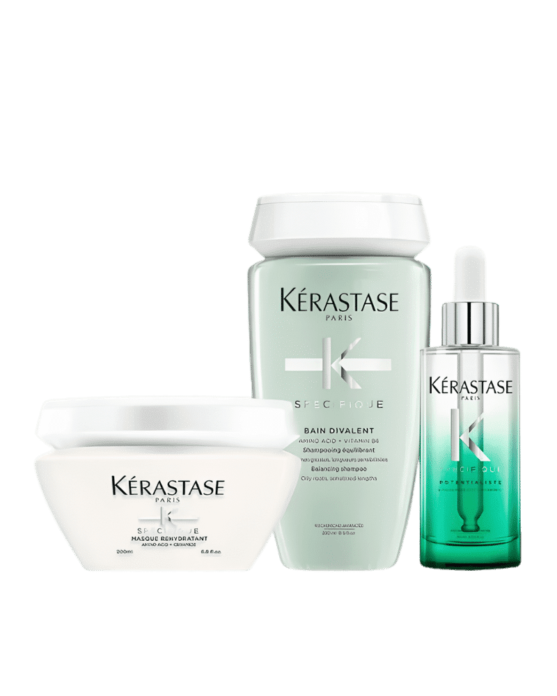 Kérastase hair products: shampoo, mask, and serum for balanced, revitalized hair.