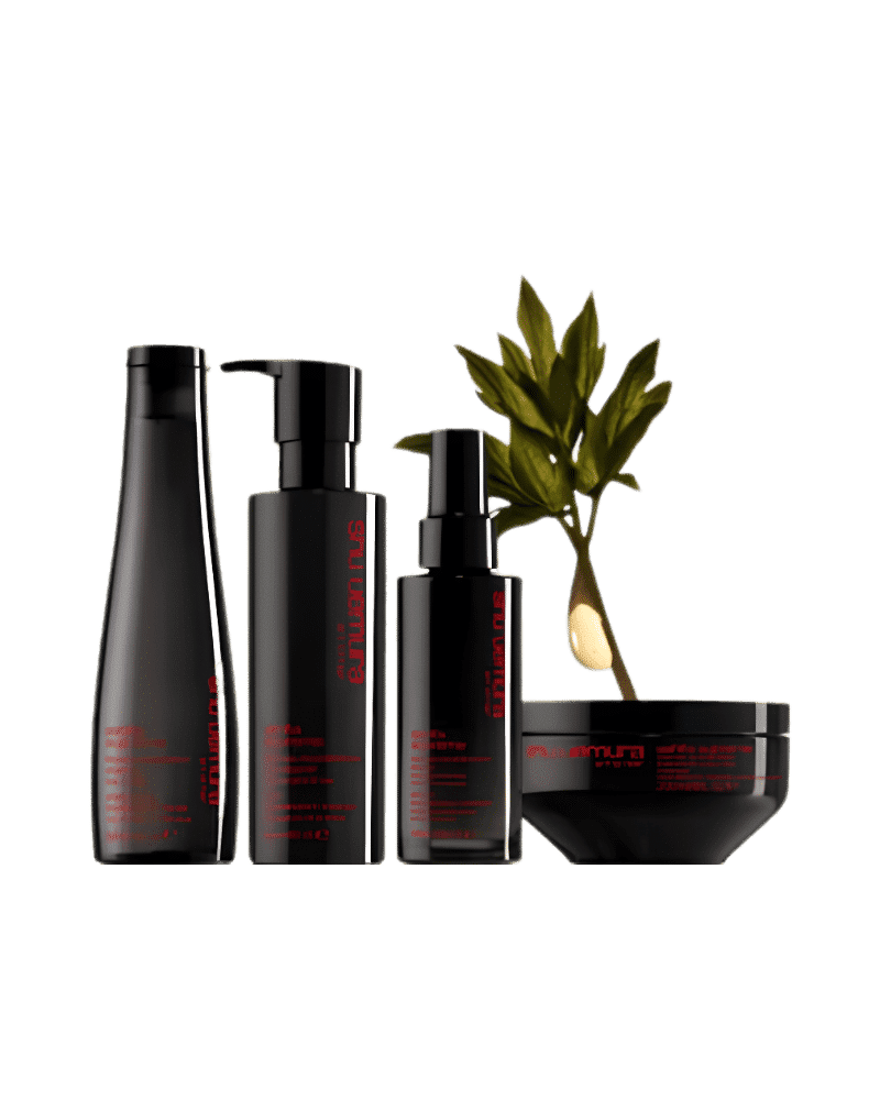 Luxury hair care products with sleek black bottles and a decorative plant.