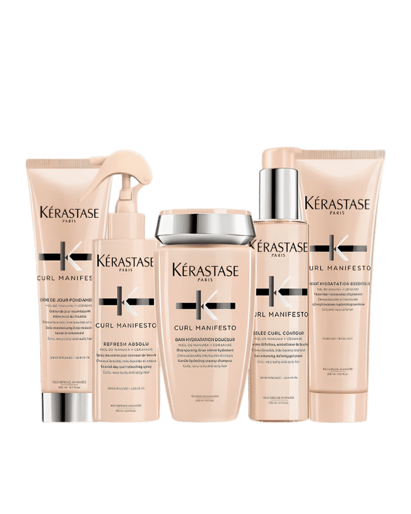 Hair care products set for curly hair by Kérastase, featuring Curl Manifesto line.