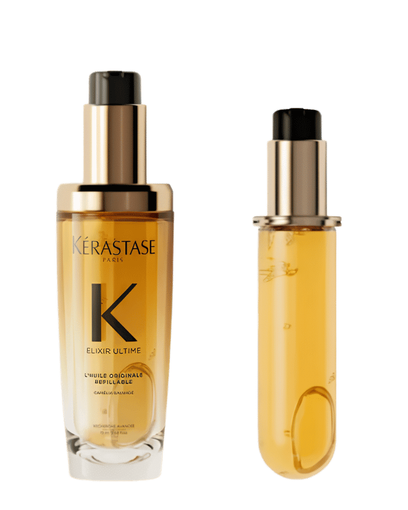 Kérastase Elixir Ultime bottles with golden oil for hair care.