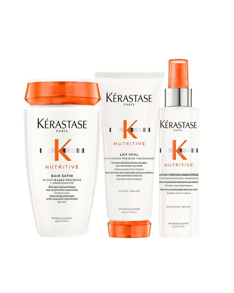 Kérastase Nutritive hair care products: shampoo, conditioner, and thermal protectant.