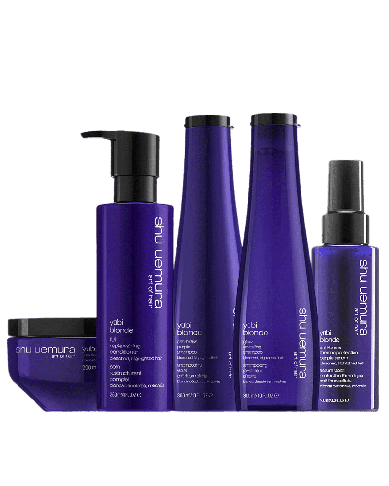 Shu Uemura Yubi Blonde haircare products, including shampoo, conditioner, and treatment.