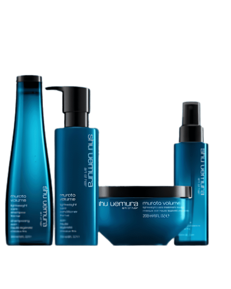Luxurious set of blue bottled hair products on a white background.