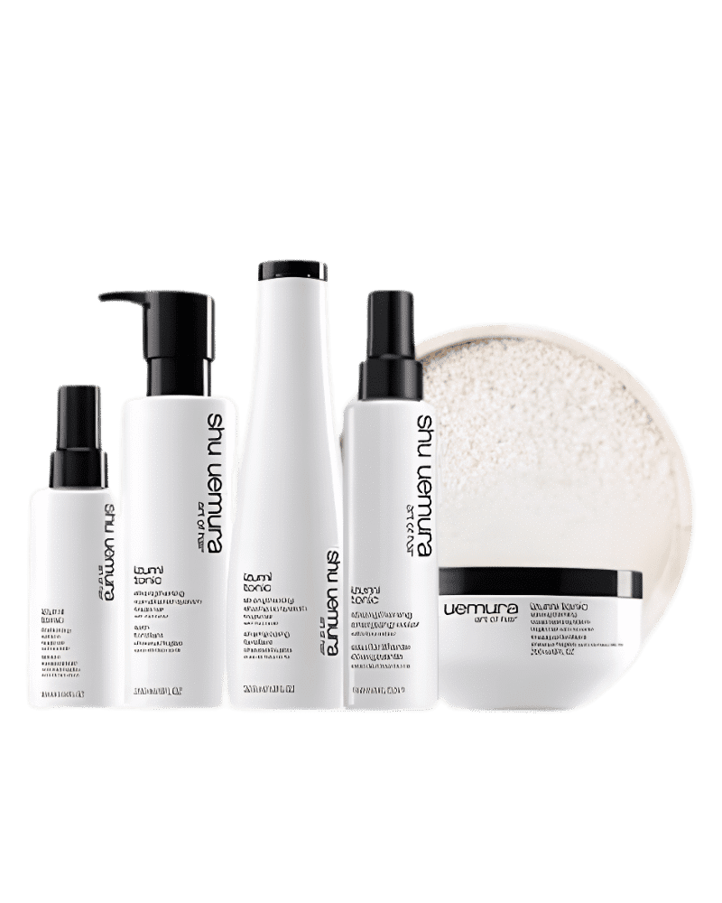Shu Uemura hair products set including shampoo, conditioner, and hair mask with a bowl.