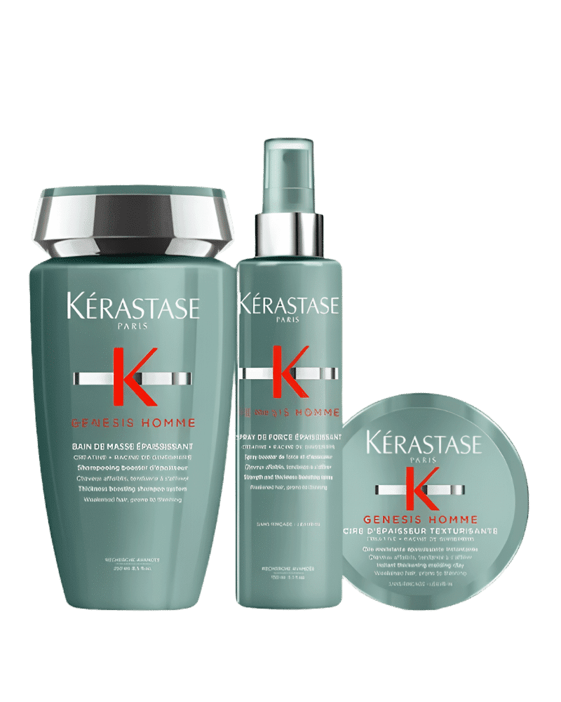 Kérastase Genesis Homme hair care products: shampoo, spray, and texturizing clay.