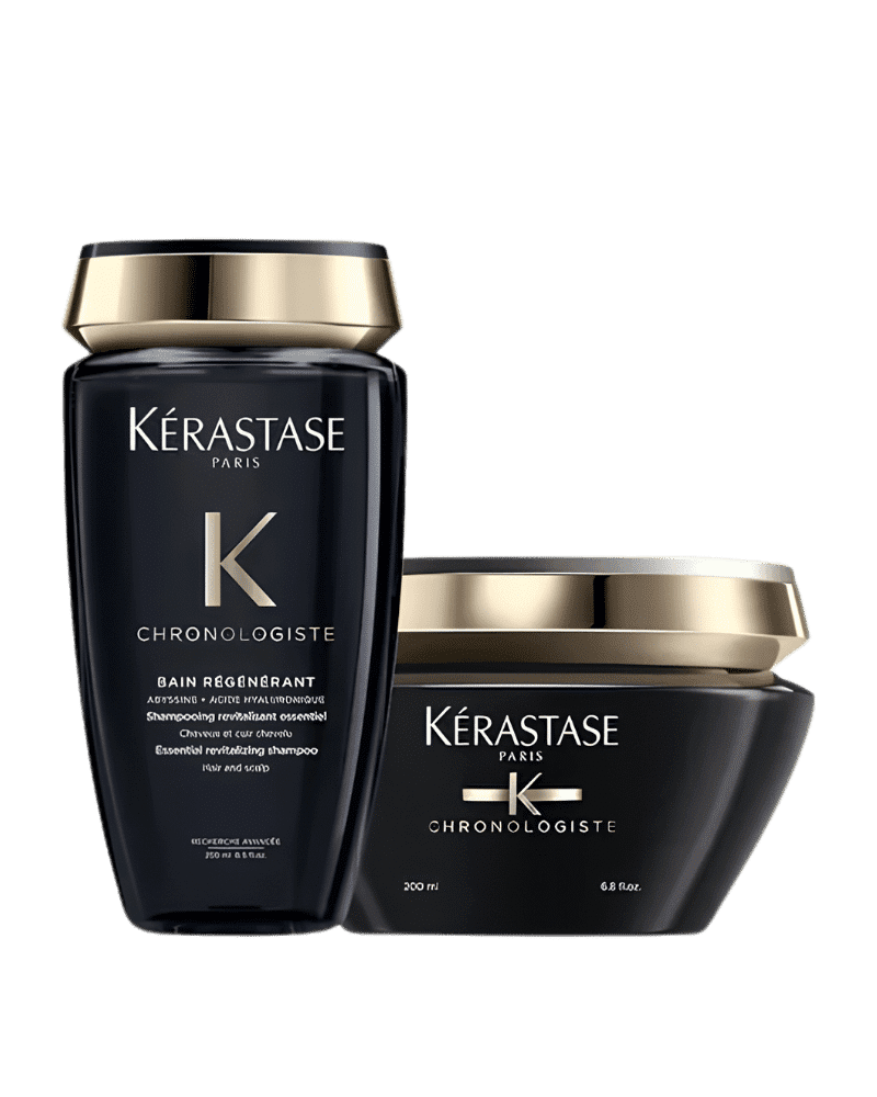Kérastase Chronologiste shampoo and masque set with gold caps.