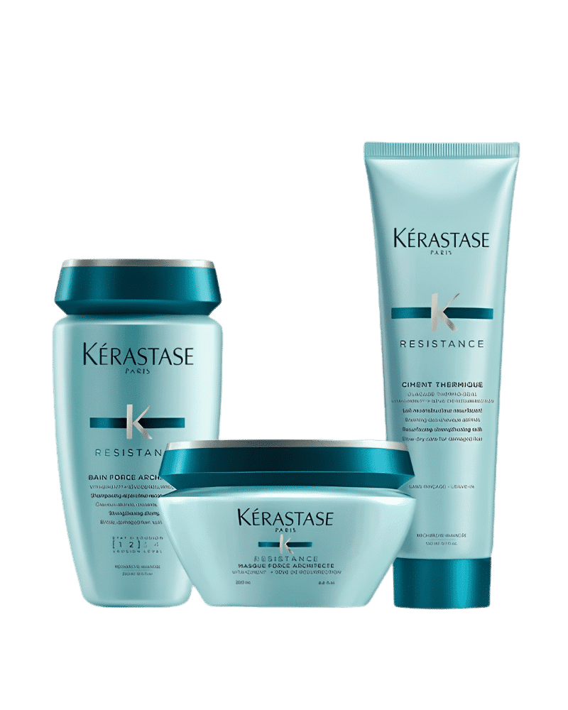 Kérastase Résistance collection with shampoo, conditioner, and treatment products.
